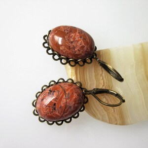 Jasper Earrings, Red Jasper, Gemstone Dangle Earrings, Unique Stone Jewelry, Oval Stone, Antiqued Brass Leverback Ear Wires image 9