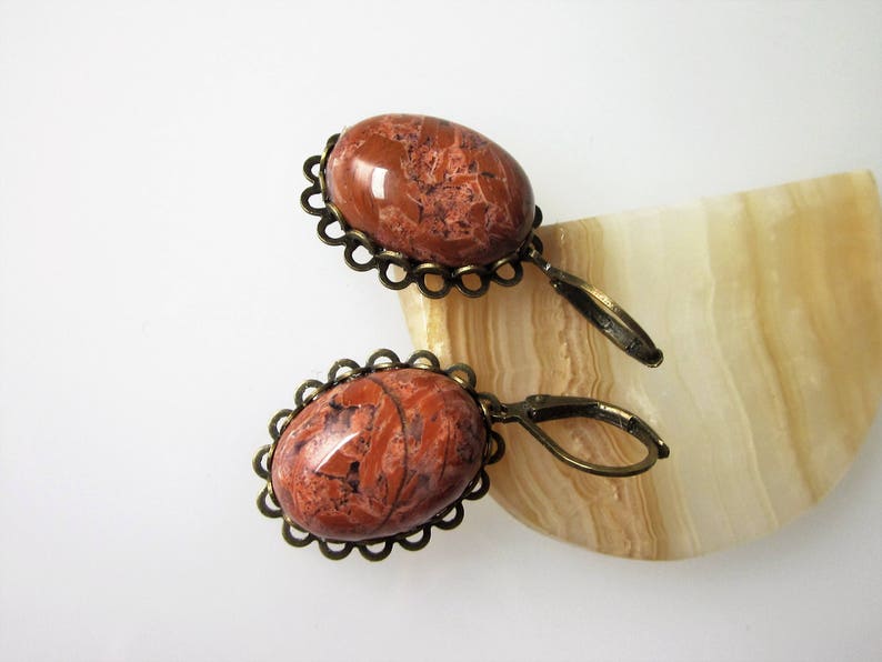 Jasper Earrings, Red Jasper, Gemstone Dangle Earrings, Unique Stone Jewelry, Oval Stone, Antiqued Brass Leverback Ear Wires image 9