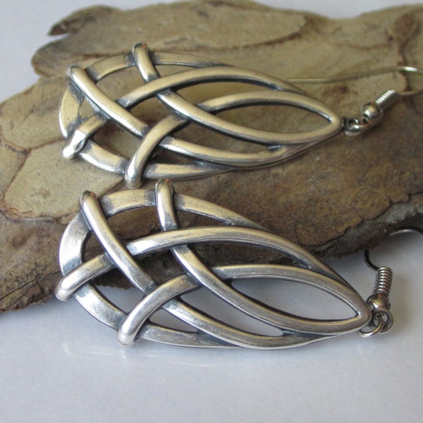 Silver Celtic Knot Earrings, Antiqued Silver Teardrop, Celtic Jewelry, Dangle Earrings, Brass Stamping