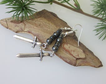 Medieval Celtic Sword Dangle Earrings, Unisex Jewelry, Mens GothIc Dangle, Fantasy Jewelry, Black Hematite, Weapon Jewelry