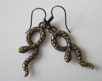 Metal Snake Earrings, Bronze Snakes, Unisex, Mens Dangle Earrings, Bronze Serpent, Southwestern Rattle Snake Earrings