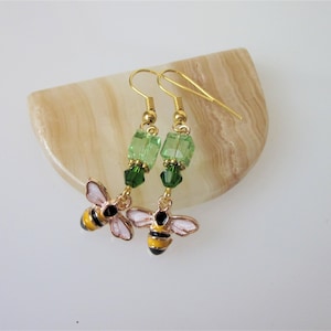 Spring Dangle Earrings, Bumble Bee Earrings, Small Enamel Bee Dangles, Nature Jewelry, Insect Earrings, Spring Jewelry