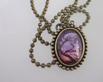 Boho Tree Pendant Necklace, Purple and Pink Desert Sunset Necklace, Medium Size Oval Shape Cameo Dome Pendant, Boho Nature Jewelry