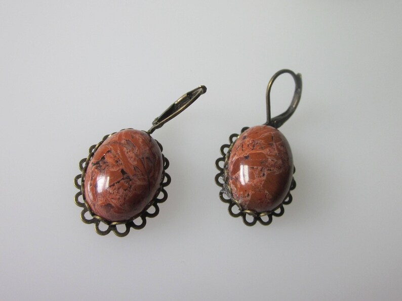 Jasper Earrings, Red Jasper, Gemstone Dangle Earrings, Unique Stone Jewelry, Oval Stone, Antiqued Brass Leverback Ear Wires image 4