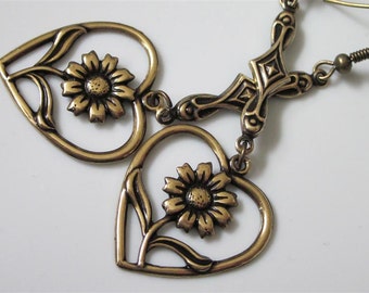 Brass Heart Earrings, Heart Jewelry, Antiqued Gold Metal Daisy Flower, Long Dangle Earrings, Brass Earrings