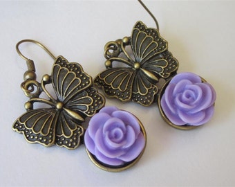 Spring Butterfly Earrings, Lavender Garden Flower Dangle, Purple Easter Earrings, Butterfly Dangle and Drop Earrings