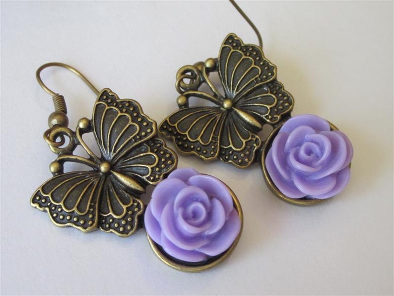 Spring Butterfly Earrings, Lavender Garden Flower Dangle, Purple Easter Earrings, Butterfly Dangle and Drop Earrings image 1