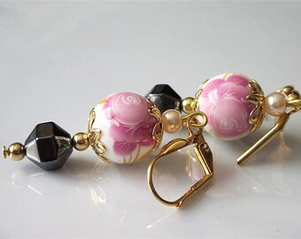 Pink Floral Beaded Earrings, Hand Painted Porcelain Beads, Victorian Earring Jewelry, Gemstone Jewelry, Pink Flower Earrings