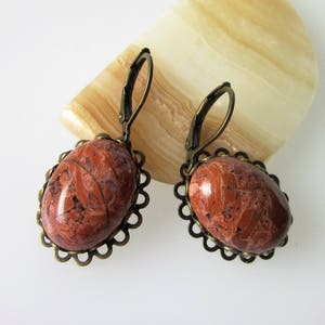 Jasper Earrings, Red Jasper, Gemstone Dangle Earrings, Unique Stone Jewelry, Oval Stone, Antiqued Brass Leverback Ear Wires image 6