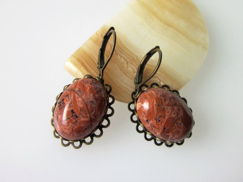 Jasper Earrings, Red Jasper, Gemstone Dangle Earrings, Unique Stone Jewelry, Oval Stone, Antiqued Brass Leverback Ear Wires image 6