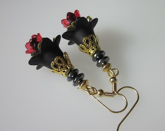Gothic Earrings, Gothic Jewelry, Black Flower Earrings, Lucite Flower, Lily Dangles
