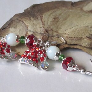 Christmas Earrings, Santa Hat Dangle Earrings, Holiday Jewelry, Red Beaded Holiday Earrings, Red Rhinestone Christmas Dangle image 3