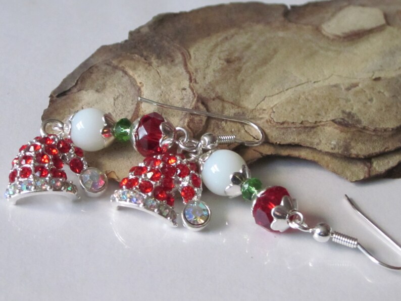 Christmas Earrings, Santa Hat Dangle Earrings, Holiday Jewelry, Red Beaded Holiday Earrings, Red Rhinestone Christmas Dangle image 3