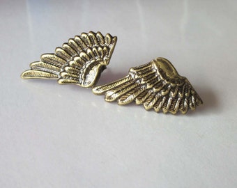 Mens Earrings, Wing Earrings, Angel Wing Stud, Antiqued Gold, Brass Metal, Post Earrings, Unisex Jewelry, Small Wings