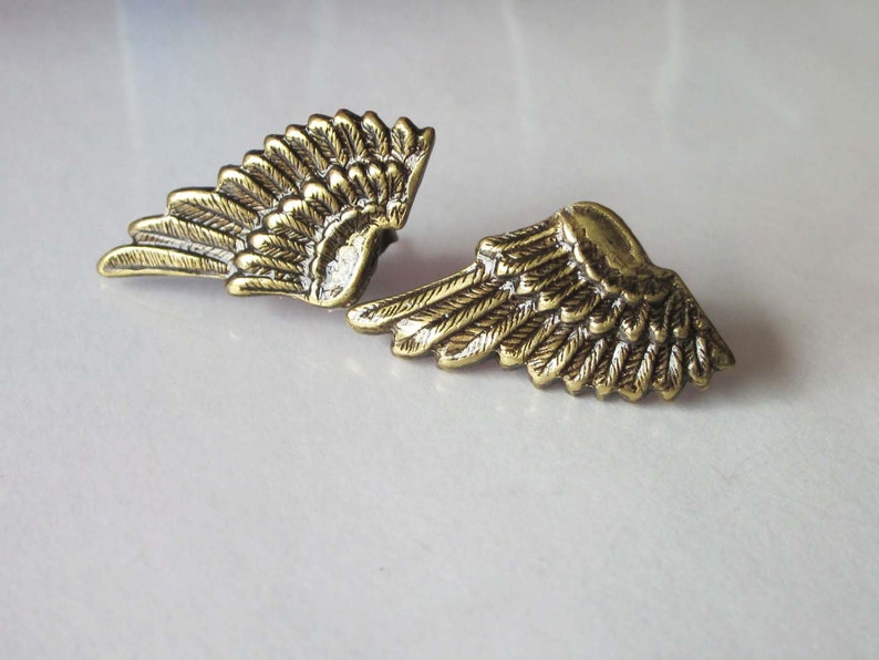 Mens Earrings, Wing Earrings, Angel Wing Stud, Antiqued Gold, Brass Metal, Post Earrings, Unisex Jewelry, Small Wings image 1