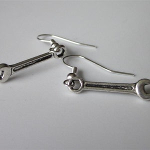 Miniature Wrench Earrings, Antiqued Silver Tool Dangle Earrings, Crescent Wrench