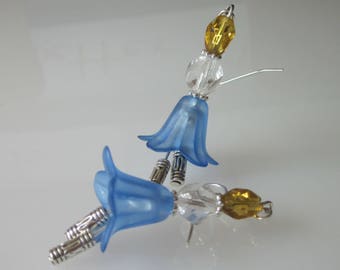 Victorian Floral Dangle Earrings, Lucite Blue Bell, Crystal Flower, Small Blue Earrings