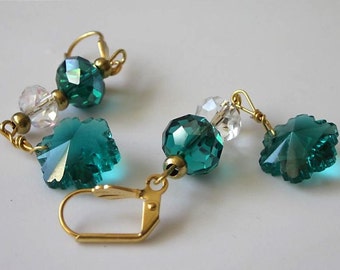 Green Crystal Earrings, Emerald Green Swarovski Crystals and Czech Glass Earrings, Wire Wrapped Glass Jewelry