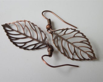 Filigree Leaf Earrings, Small  Antiqued Copper Dangle, Lightweight Metal Earrings, Nature Jewelry