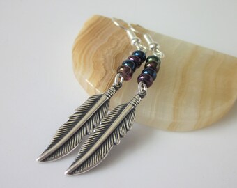 Metal Feather Earrings, Mens Dangle Earrings, Medium , Unisex Jewelry, Beaded Tribal Silver Feather