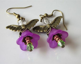 Garden Fairy Earrings, Flower Earrings, Purple Lucite, Flower Faeries, Summer Weddings, Beaded Dangles