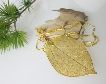 Gold Leaf Necklace, Real Filigree Leaf Pendant Necklace, Minimalist Jewelry, 16" Elegant Necklace