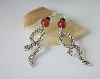 Snake Earrings, Silver Snake Jewelry, Red Agate Gemstone, Unisex Jewelry, Mens Dangle Earrings, Serpent, Rattle Snake, Southwestern Earrings