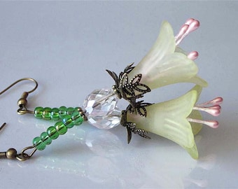 Yellow Garden Flower Earrings, Trumpet Lilies, Long Floral Dangles, Holiday Earrings, Easter Lily