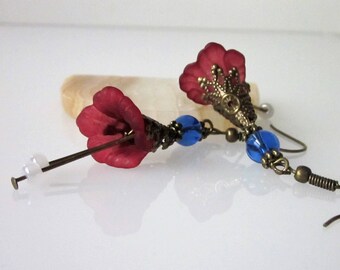 Beaded Red Flower Earrings, Wine Red, Lucite Flower, Antiqued Brass Filigree, Calla Lily Flower Blossom