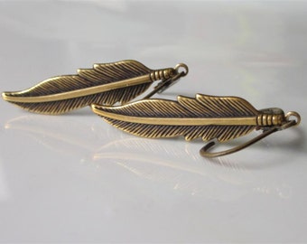 Brass Feather Earrings, Large Metal Feather Earrings, Mens Dangle Earrings, Mens Jewelry, Tribal Jewelry, Antiqued Gold Brass