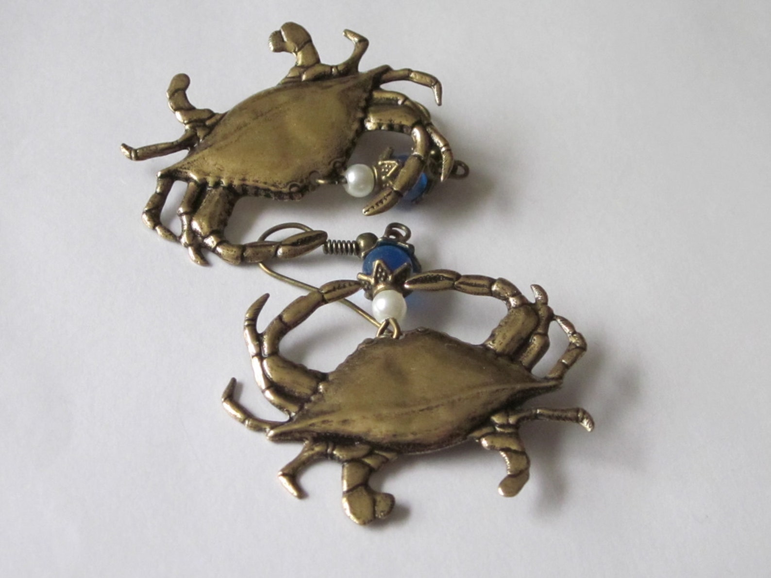 Crab Earrings Antiqued Gold Dangle Earrings Blue Crab Etsy