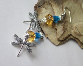 Silver Dragonfly Charm Earrings, Insect Jewelry, Small Beaded Crystal Dragonfly Dangle, Brass Metal Nature Jewelry