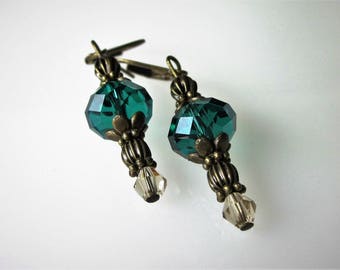 Swarovski Crystal Earrings, Dangle Earrings, Antiqued Brass Victorian, Winter Wedding, Bridesmaid Jewelry, Emerald Green, Vintage Inspired