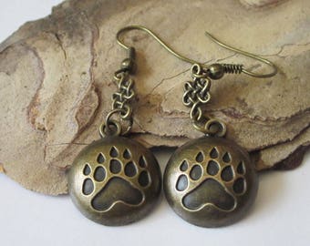 Bear Paw Print Earrings, Tribal Bear Claw, Bronze Unisex Dangle, Celtic Knot, Round Totem, Animal Print