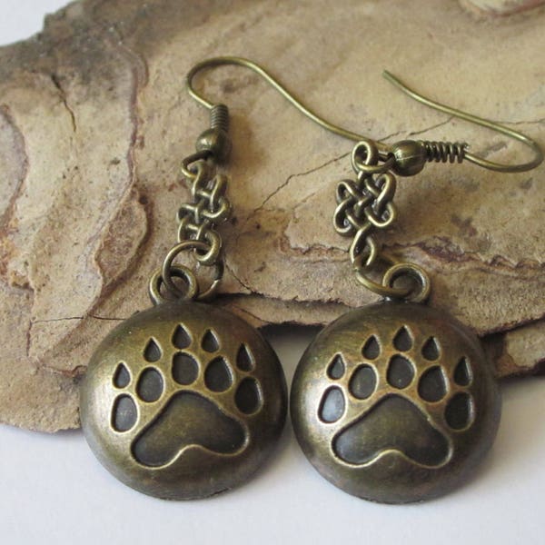 Bear Paw Print Earrings, Tribal Bear Claw, Bronze Unisex Dangle, Celtic Knot, Round Totem, Animal Print