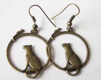 Cat Earrings, Bronze Dangle, Round, Primitive, Cat and Mouse Silhouette, Animal Jewelry, Metal