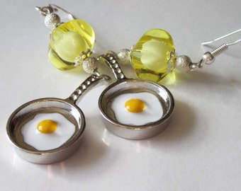 Miniature Food Earrings, Fried Egg, Beaded Charm Earrings, Yellow Chandelier, Food Jewelry, Frying Pan Dangles