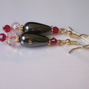 Hematite Earrings, Gemstone Teardrop, Beaded Pink Czech Glass and Hematite Stone Drop image 5