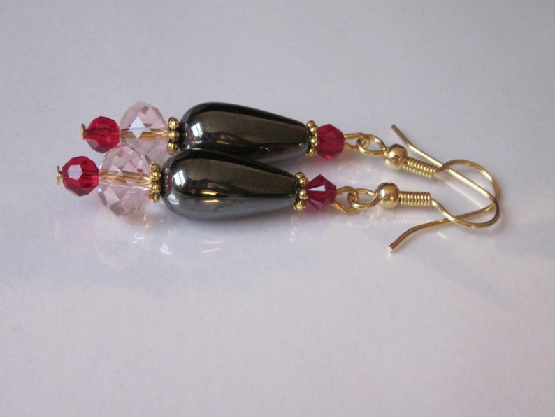Hematite Earrings, Gemstone Teardrop, Beaded Pink Czech Glass and Hematite Stone Drop image 5