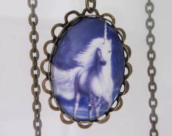 Unicorn Necklace, Fantasy Jewelry, Purple and White,  Oval Cameo, 16" Unicorn Pendant Necklace, Antiqued Brass, White Stallion