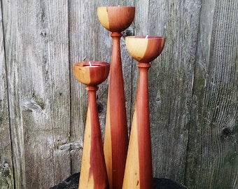 Wood Candlesticks - Wooden Tea Light Candle Holders - Eco-Friendly Cedar Wood Candle Holder Trio - Wooden Candle Holders - Sunset Turnings