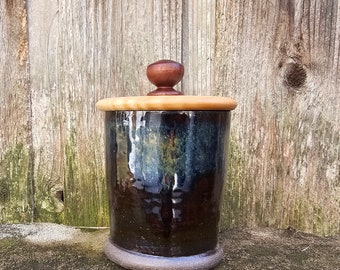 Pottery Box with Wood Lid - Wheel Thrown Pottery Box - Ceramic Box with Wood Lid - Ceramic Canister - Sunset Turnings