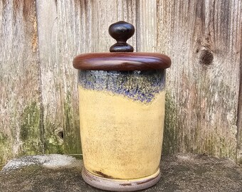 Pottery Box with Wood Lid - Wheel Thrown Pottery Box - Ceramic Box with Wood Lid - Ceramic Canister - Sunset Turnings