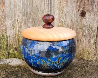 Pottery Box with Wood Lid - Wheel Thrown Pottery Box - Ceramic Box with Wood Lid - Ceramic Canister - Sunset Turnings