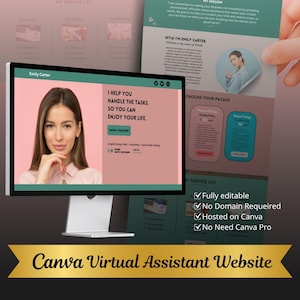 Puede incluir: Una pantalla de ordenador que muestra un sitio web para un servicio de asistente virtual. El sitio web presenta un fondo rosa con una foto de una mujer y el texto "Te ayudo a manejar las tareas, para que puedas disfrutar de la vida." El sitio web también incluye una lista de servicios con las siguientes características: totalmente editable, no se requiere dominio, alojado en Canva, no se necesita Canva Pro. El sitio web se titula "Canva Virtual Assistant Website".