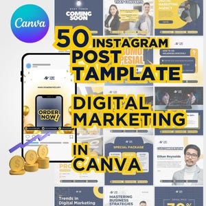 Może przedstawiać: Zestaw szablonów marketingu cyfrowego dla Instagrama, zaprojektowany w Canva. Obraz zawiera makieta smartfona, złote monety i tekst, który brzmi "50 szablonów postów na Instagram" i "Marketing cyfrowy". Widoczne jest również logo Canva.