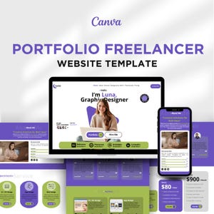 Puede incluir: Una plantilla de sitio web para un profesional independiente de portafolios, con el logotipo de Canva en la parte superior. El diseño presenta una computadora portátil y un teléfono inteligente que muestran el diseño del sitio web. La combinación de colores incluye morado, verde y blanco.