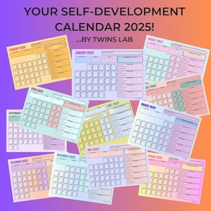Puede incluir: Un conjunto de 12 calendarios imprimibles de desarrollo personal para 2025. Cada calendario presenta un color pastel diferente y una disposición mensual con espacio para notas y objetivos. Los calendarios se titulan "Your Self-Development Calendar 2025! ...By Twins Lab."