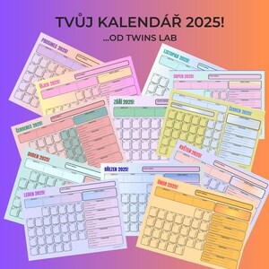 Puede incluir: Un conjunto colorido de 12 páginas de calendario mensuales para el año 2025. Cada página presenta un color pastel diferente y el nombre del mes en negrita. Las páginas del calendario están diseñadas para uso personal y organización.