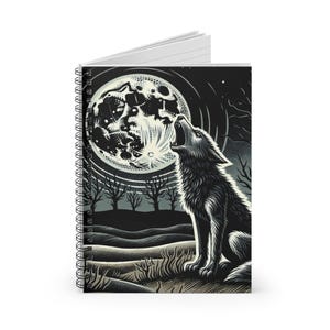 Moonlit Wolf Spiral Notebook - Ruled Line, Journal, Notepad, Lunar Wolf Diary, Night Sky Stationery